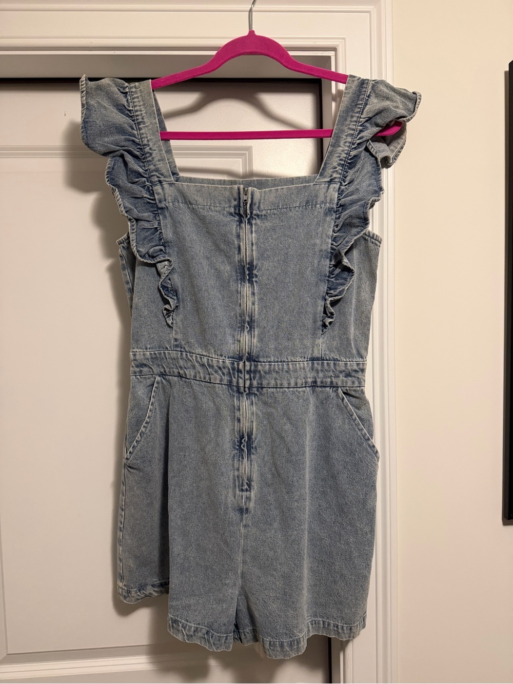 Baltic Born Light Wash Denim Romper with Ruffle Straps